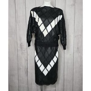 Vintage Leather Argyle Patchwork Batwing Top & Midi Skirt Set, sz S/M